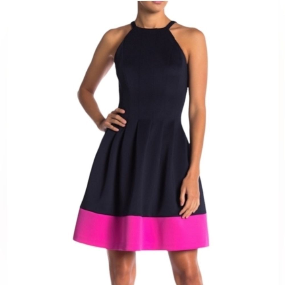 Vince Camuto Fit & Flare w/ pockets Navy Blue/Fuchsia Zip Up Dress Size 6